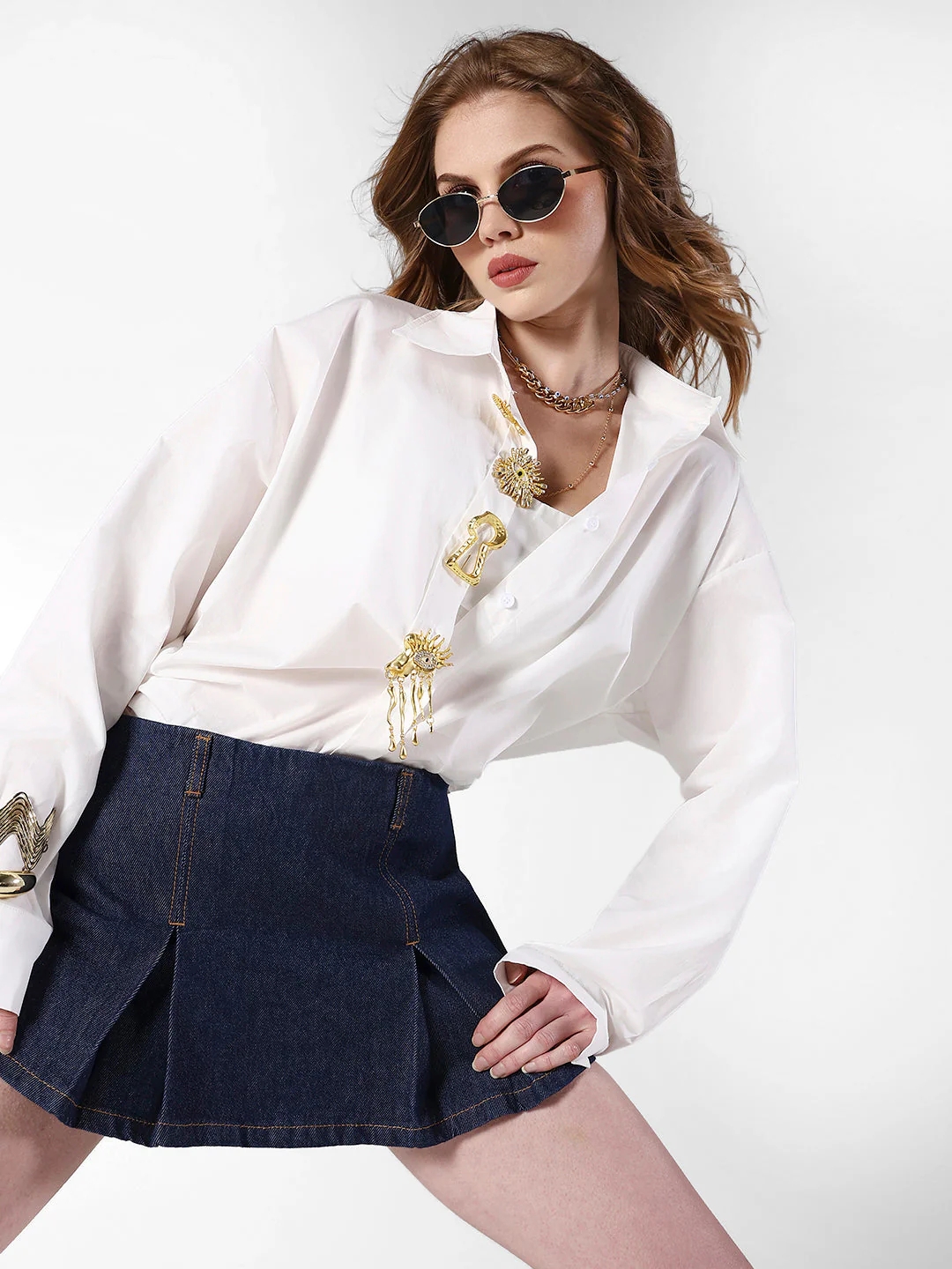 Women's White Shirt with Embellished Button Detail
