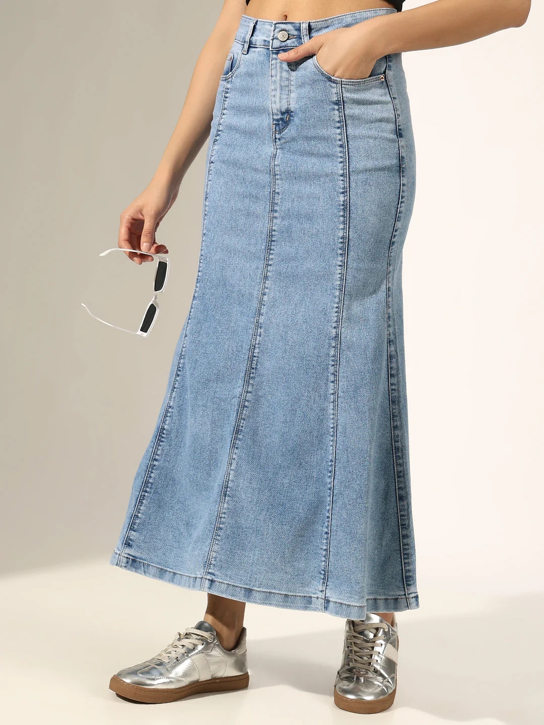 Women's Panelled Blue Denim Flared Skirt