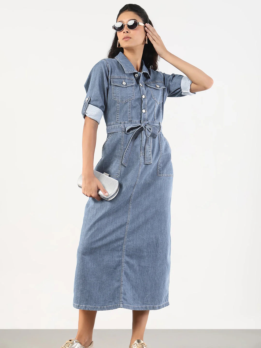 Women's Denim Shirt Style Midi Dress with Fabric Belt